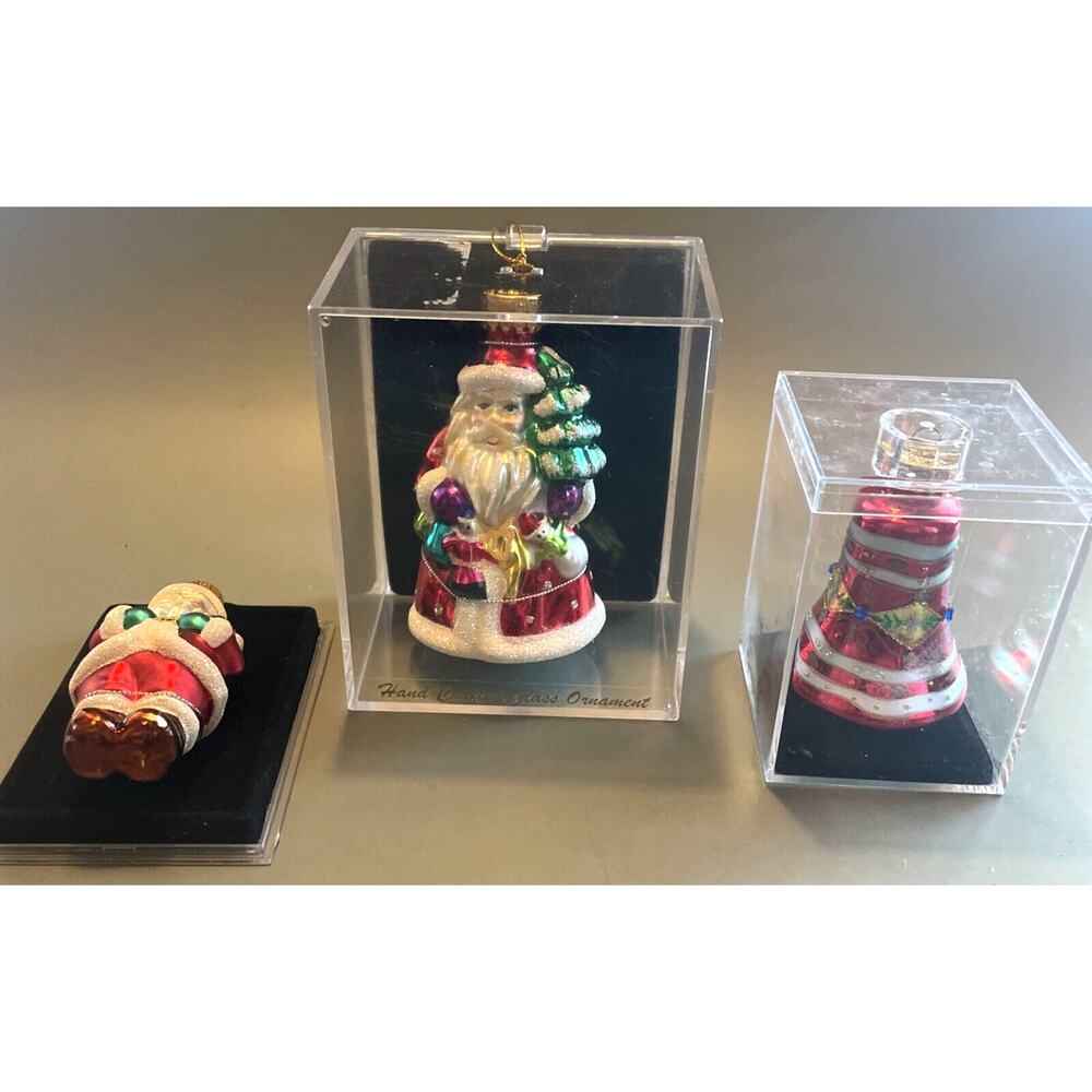 Set of 3 Designers Studio Christmas Ornament Blown Glass Santa Claus Tree